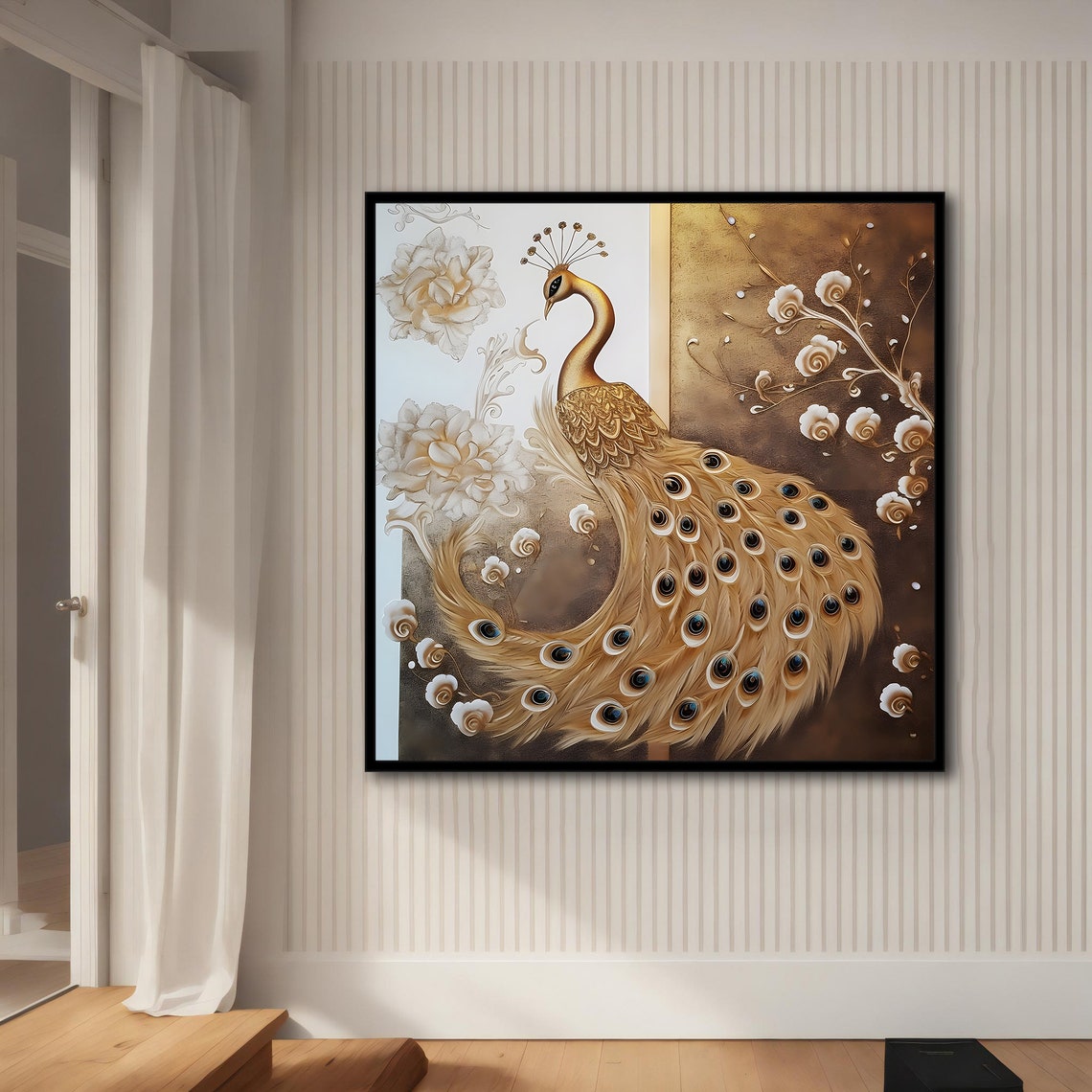Golden Peacock With Fanned Tail Elegant Floral Bronze Wall Art Print - Image 5