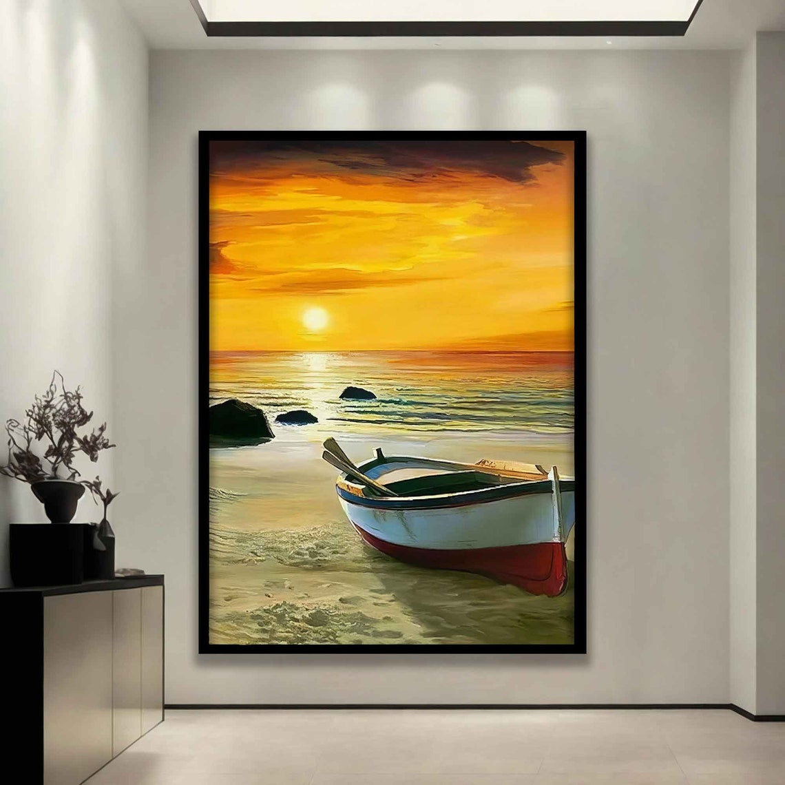 Boat on Beach at Golden Sunset Seascape Serene Travel Art Poster - Image 3