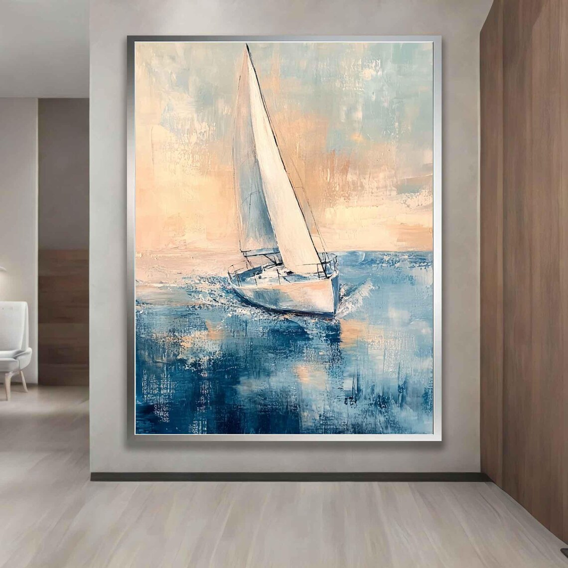Sailboat Ocean Sunrise Pastel Oil Painting Modern Nautical Wall Art - Image 4