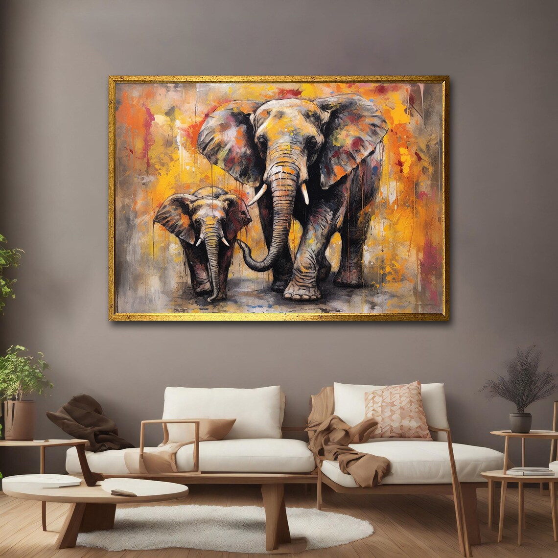 Abstract Elephant Calf Walking Colorful Orange Yellow Oil Painting Poster - Image 2