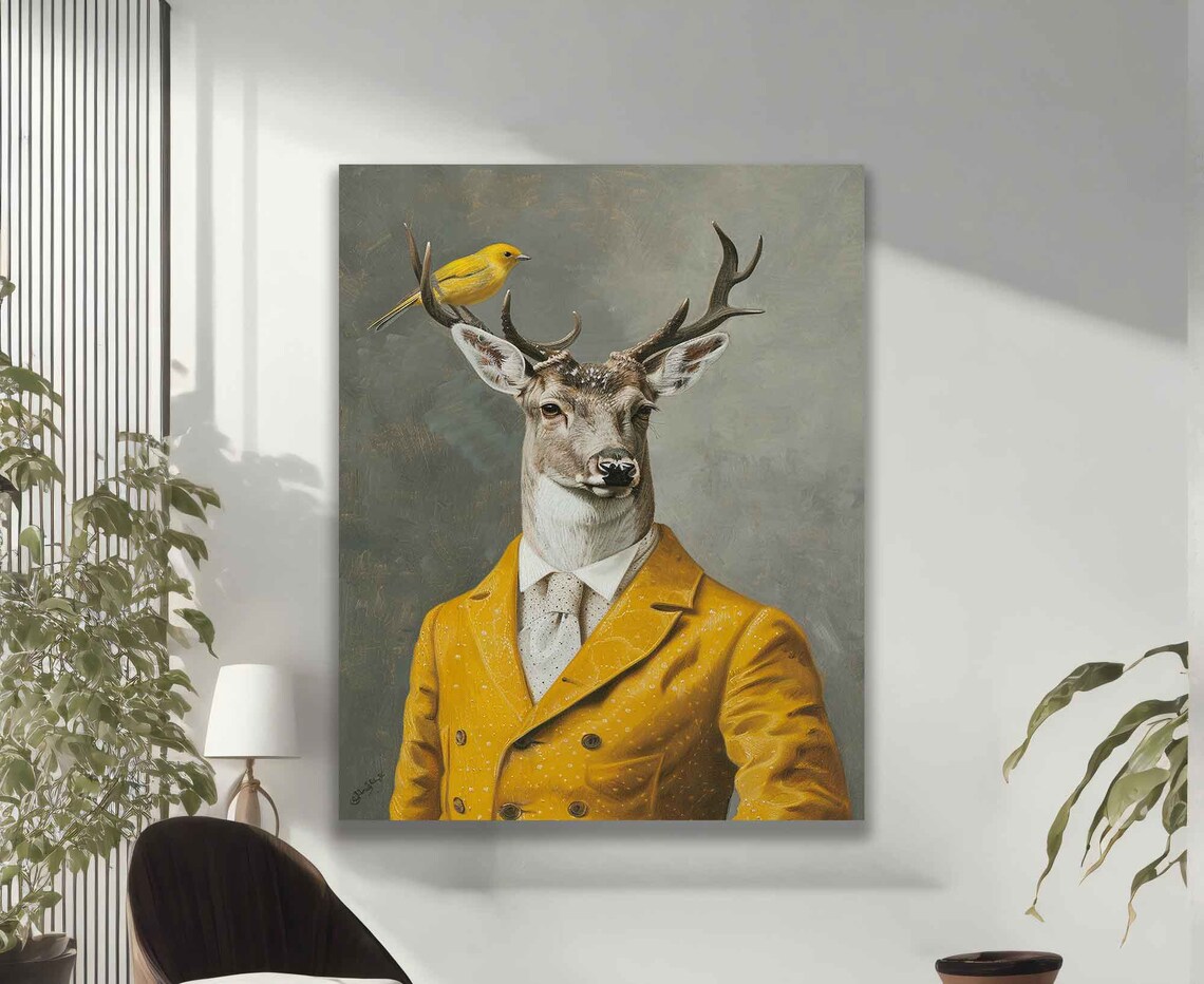 Dapper Stag In Mustard Suit Yellow Bird On Antler Whimsical Portrait Poster