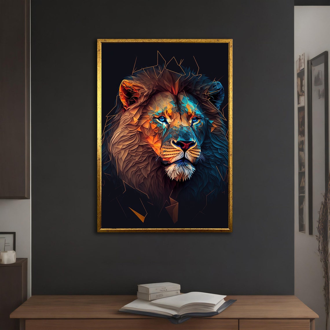 Geometric Low Poly Lion Face Blue Orange Modern Digital Poster - Image 5