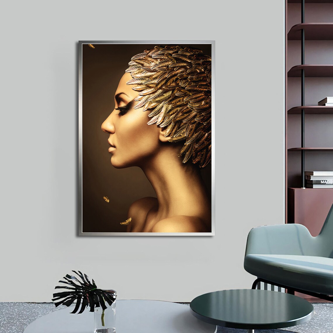 Golden Feather Woman Profile Portrait Luxurious Brown Black Wall Art Print - Image 2
