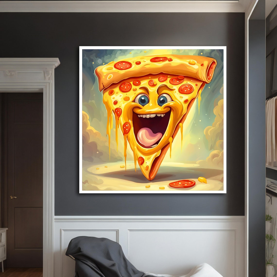 Happy Smiling Pizza Slice Cartoon Pepperoni Melting Cheese Art Print - Image 3