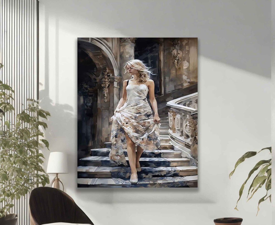 Blonde Woman in White Dress Descending Grand Staircase Art Poster - Image 2