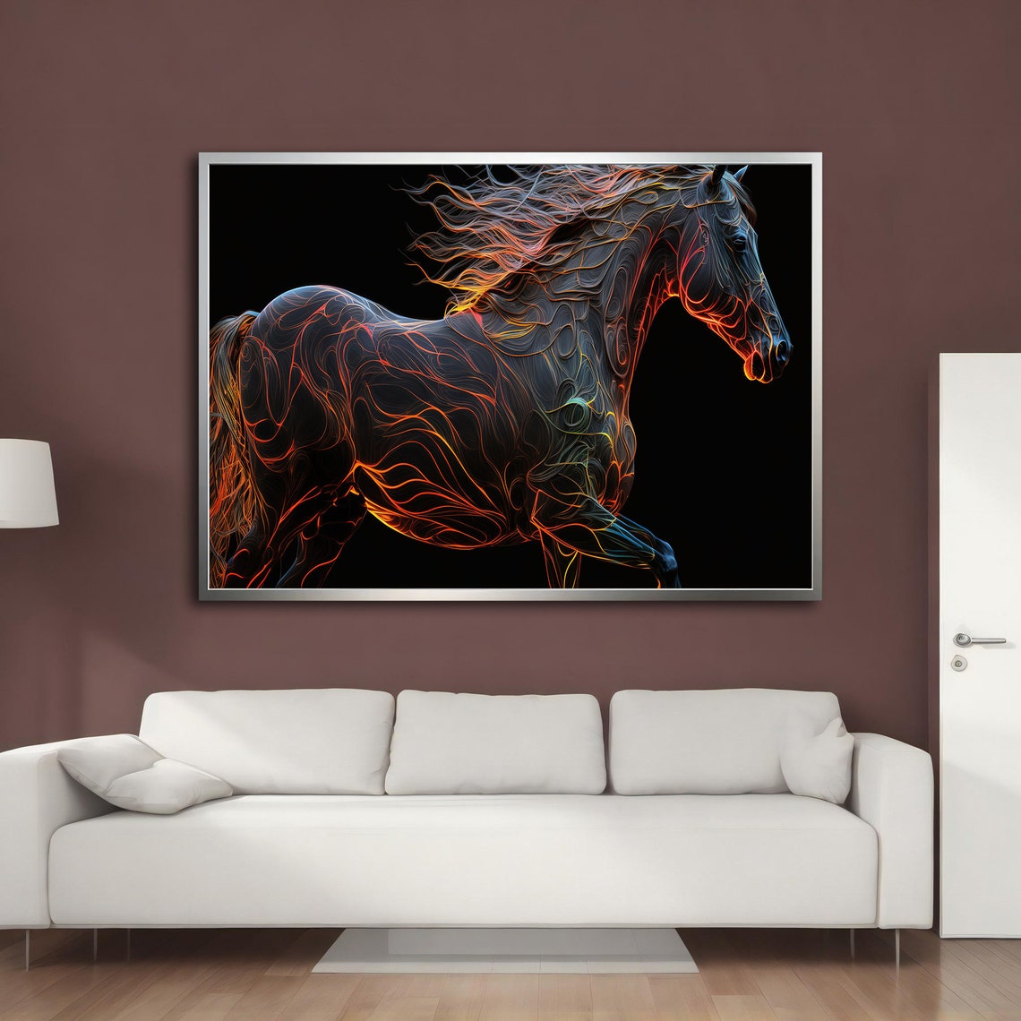 Black Horse Galloping Neon Orange Line Patterns Dark Background Poster - Image 5