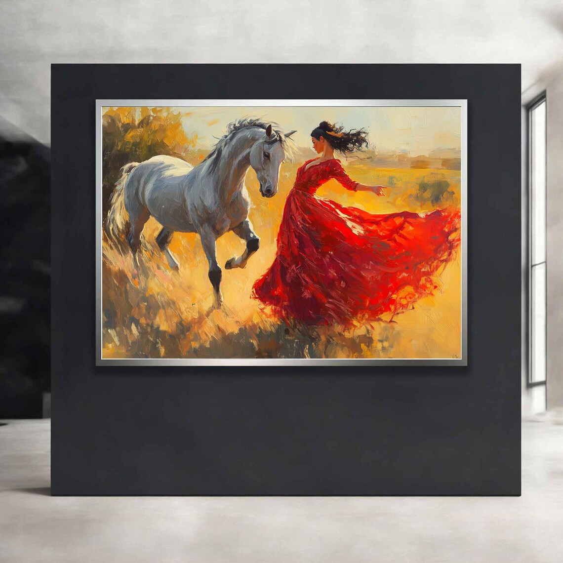 Woman Red Dress Dancing Grey Horse Golden Autumn Field Painting Poster - Image 4