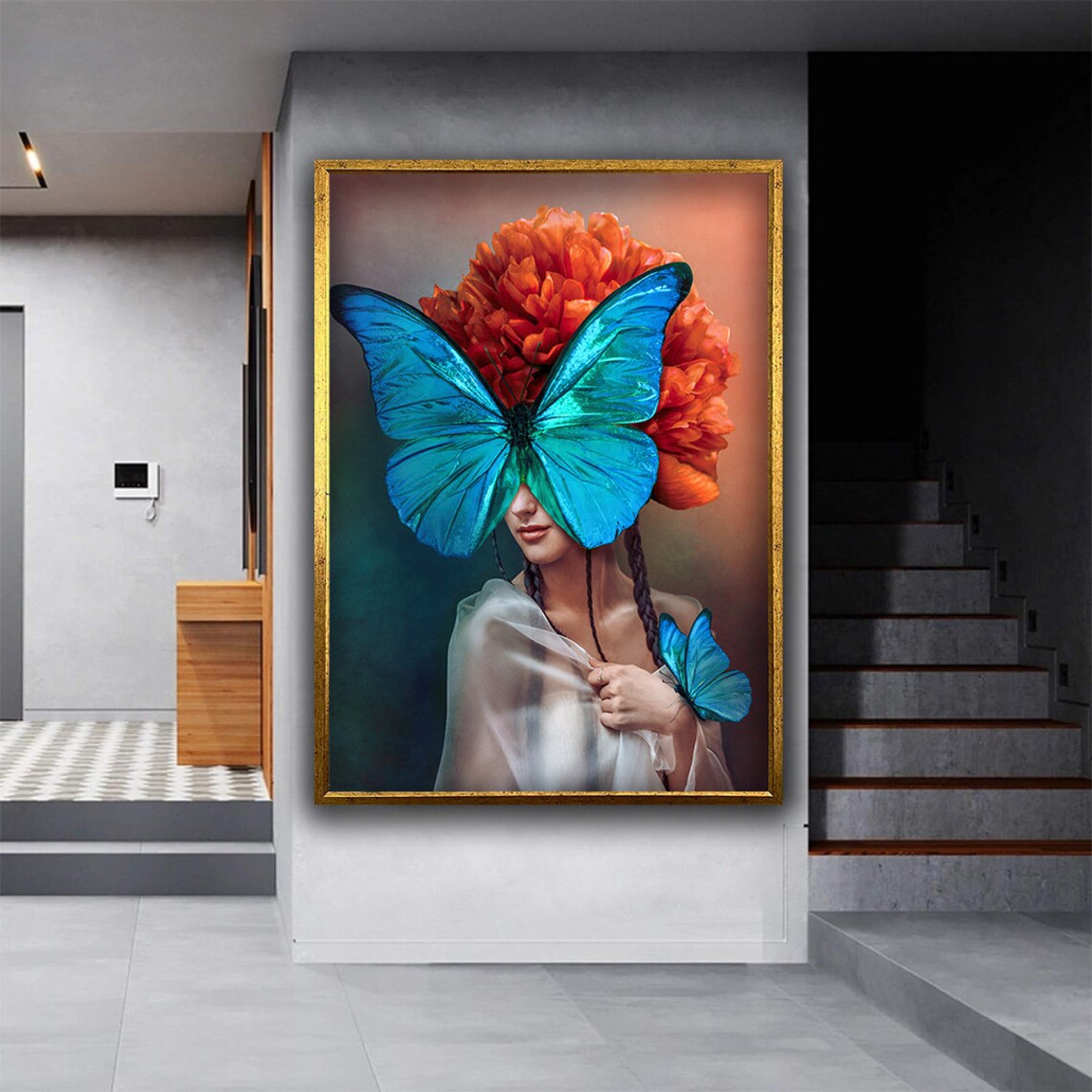 Surreal Woman Blue Butterfly Mask Orange Blossom Dream Portrait Poster - Image 5