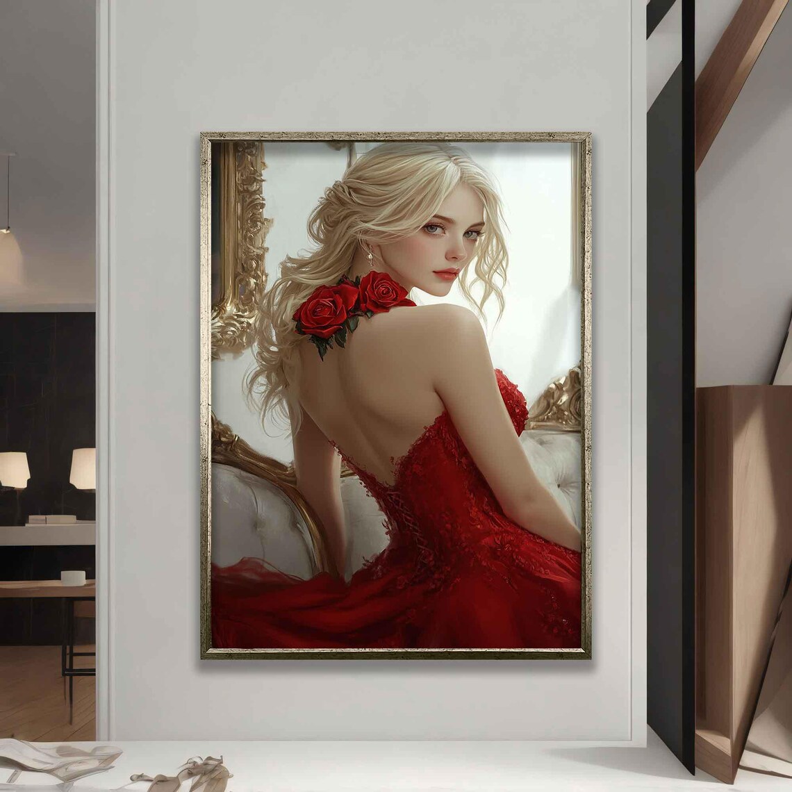 Elegant Blonde Woman Red Roses Gown Mirror Glamour Portrait Art Poster - Image 3