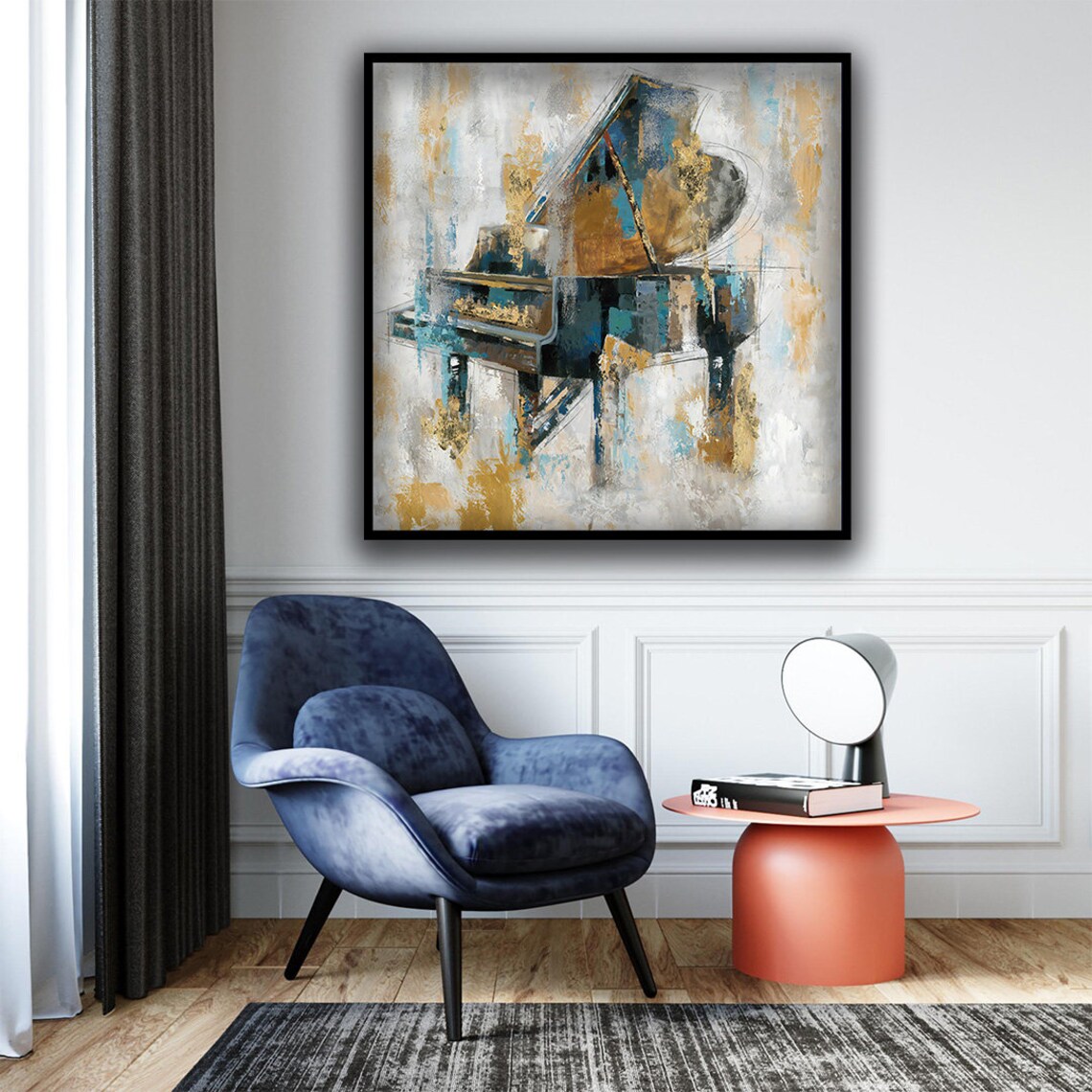 Abstract Grand Piano Blue Gold Brushstrokes Music Room Elegant Wall Art Poster - Image 3