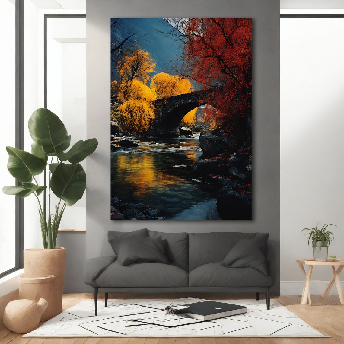 Stone Bridge Autumn River Gold Red Trees Mountain Nature Art Poster - Image 5