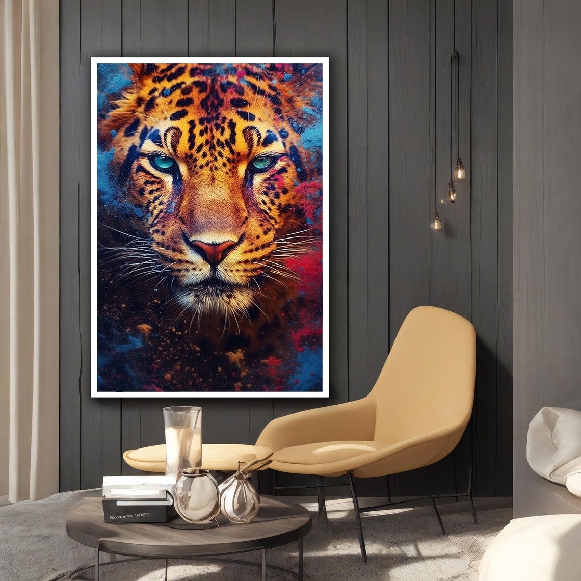 Leopard Face Close Up Turquoise Eyes Blue Red Splash Paint Poster - Image 3