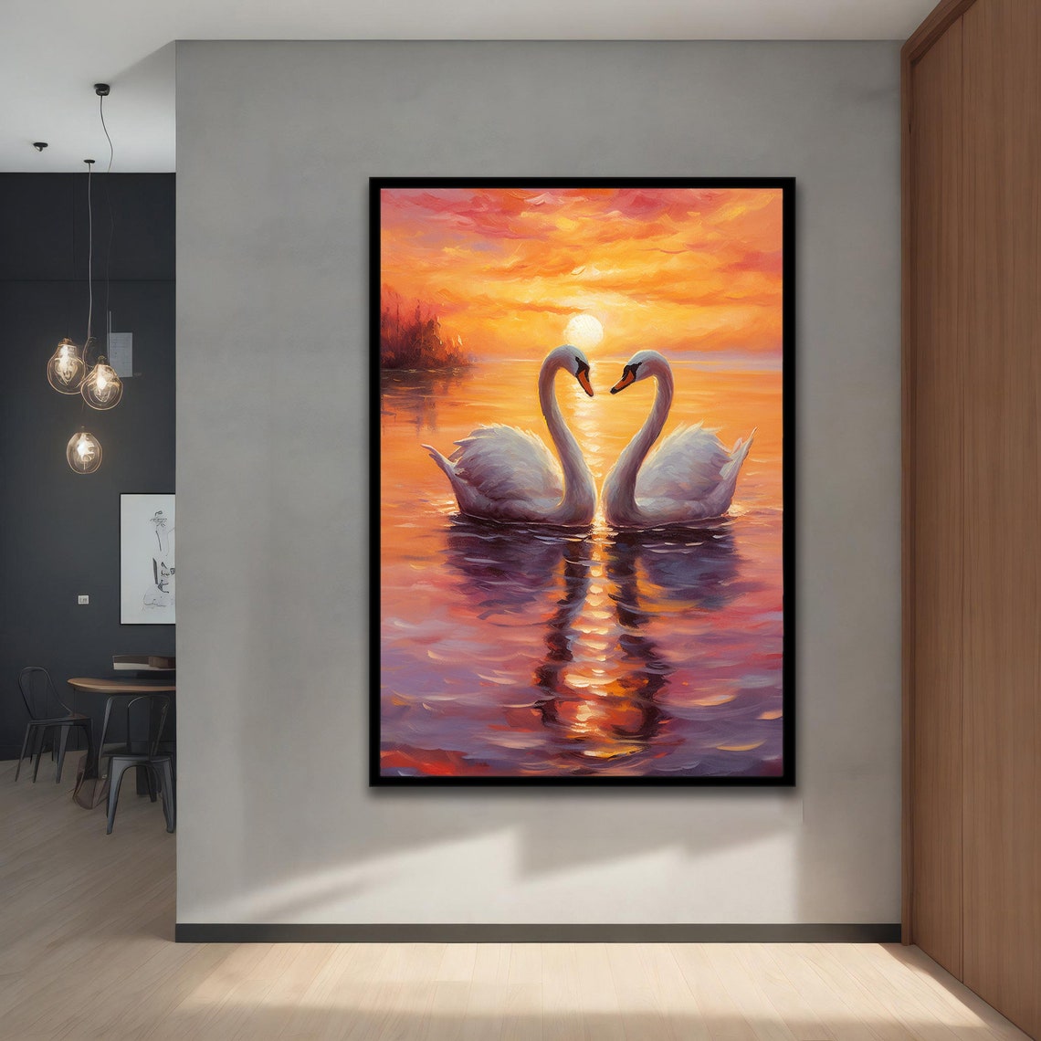 White Swans Heart Shape Sunset Lake Romantic Painting Wall Art Poster - Image 3