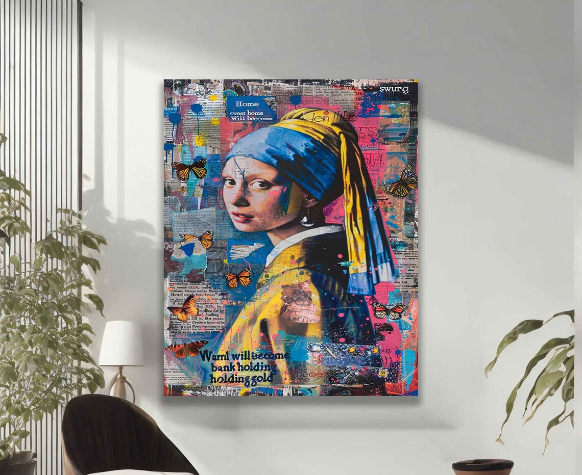 Girl With A Pearl Earring Graffiti Street Art Butterflies Pop Art Poster - Image 2