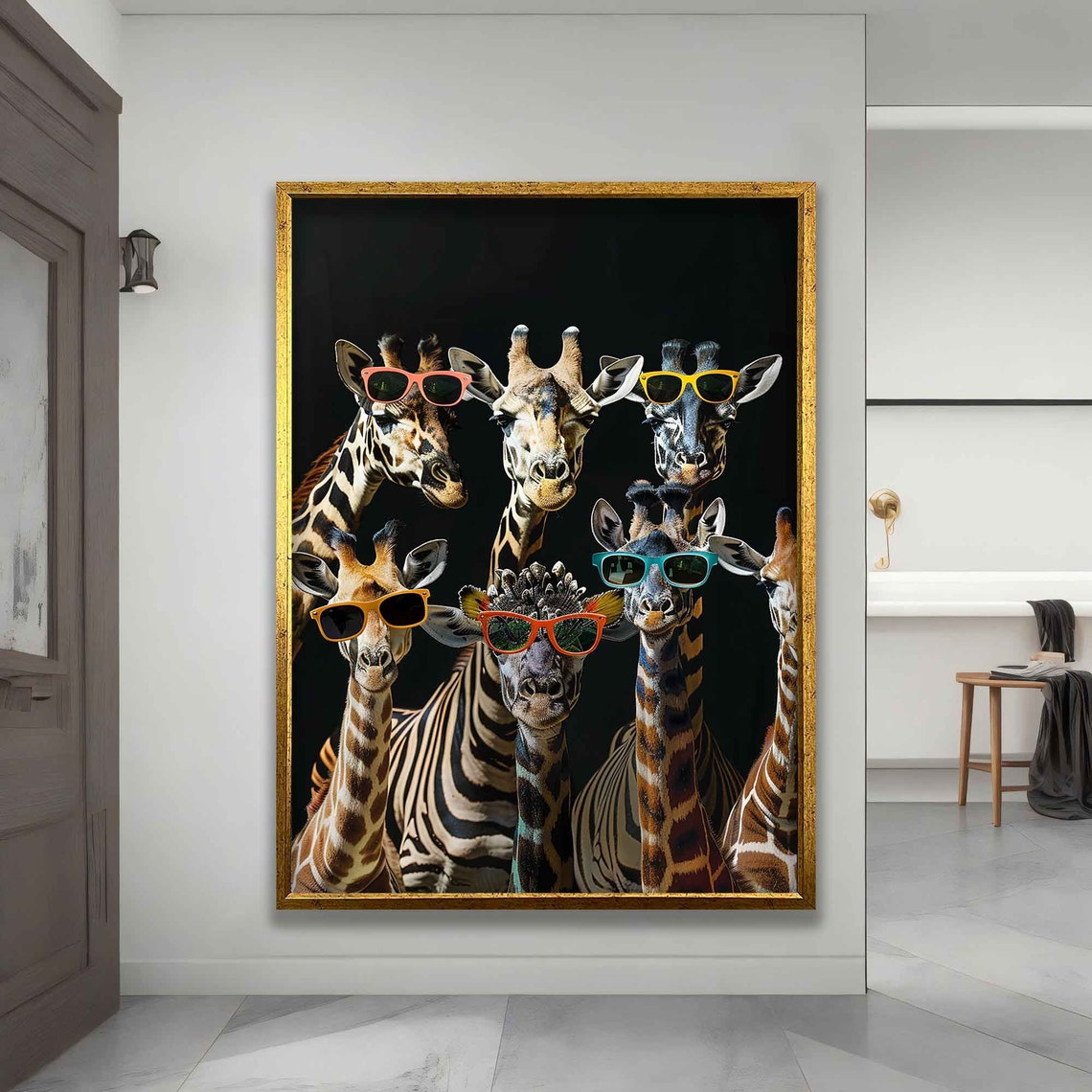 Giraffes Wearing Bright Sunglasses Fun Black Background Art Poster - Image 4