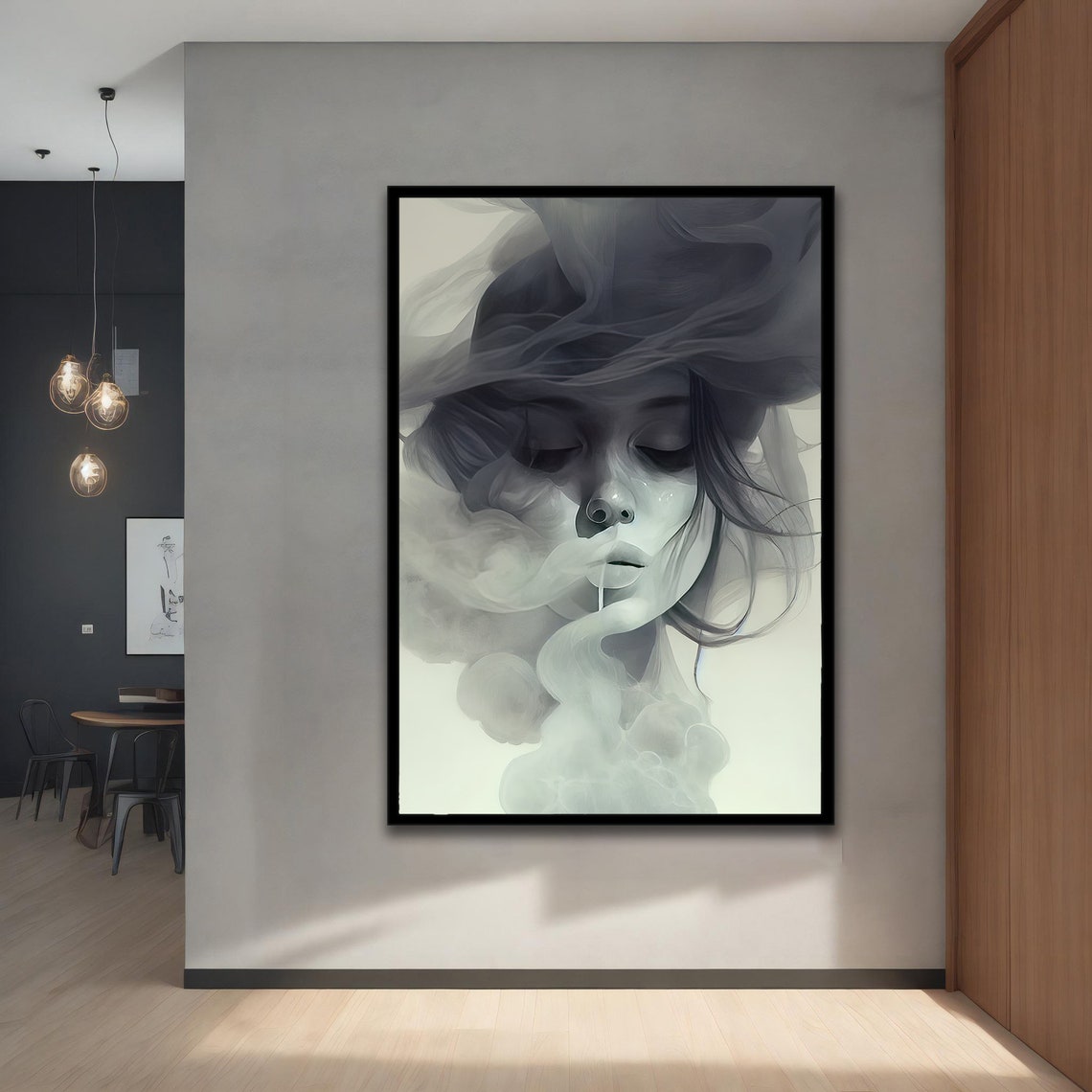 Woman Face Dissolving in Smoke Dreamy Black White Art Wall Poster