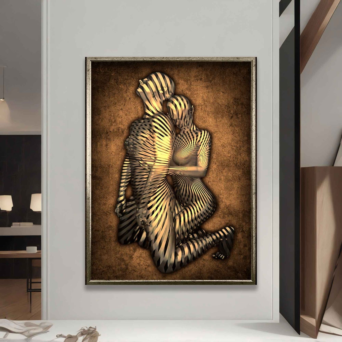 Bronze Abstract Embracing Couple Sculpture Love Golden Wall Art