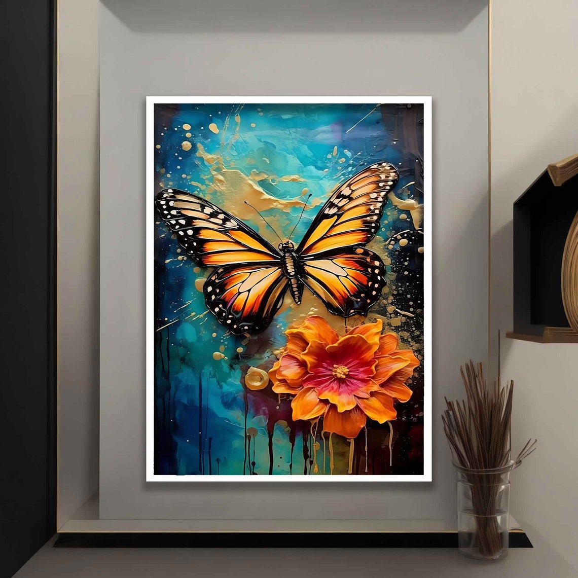 Monarch Butterfly with Orange Flower Teal Abstract Art Wall Poster - Image 5