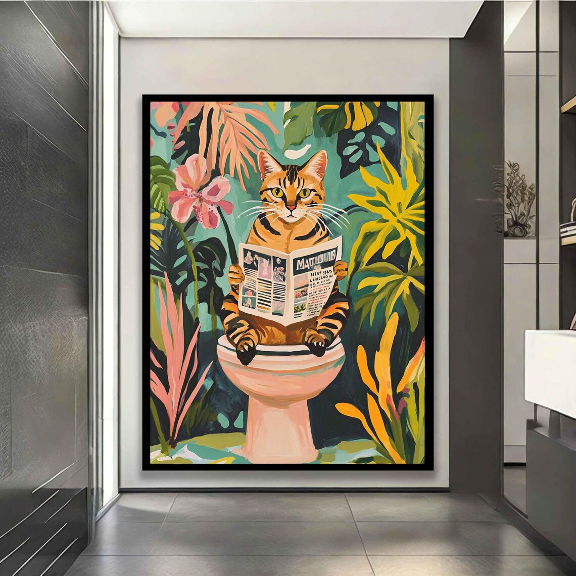 Funny Cat Reading Newspaper on Toilet Bathroom Humor Jungle Leaves Wall Art - Image 3