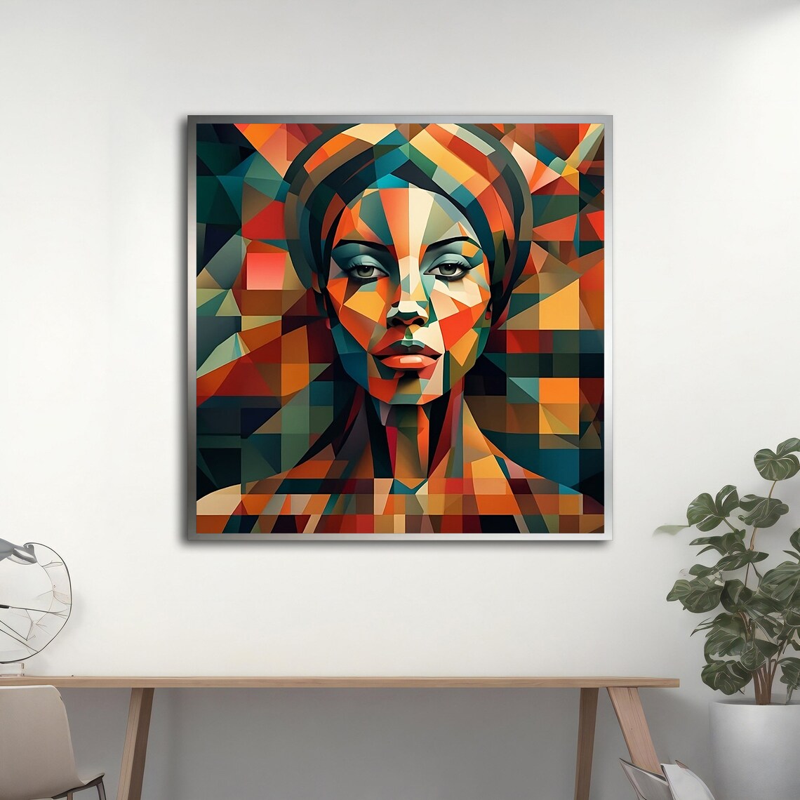 Cubist Woman Face Colorful Geometric Mosaic Orange Teal Modern Art Print - Image 2