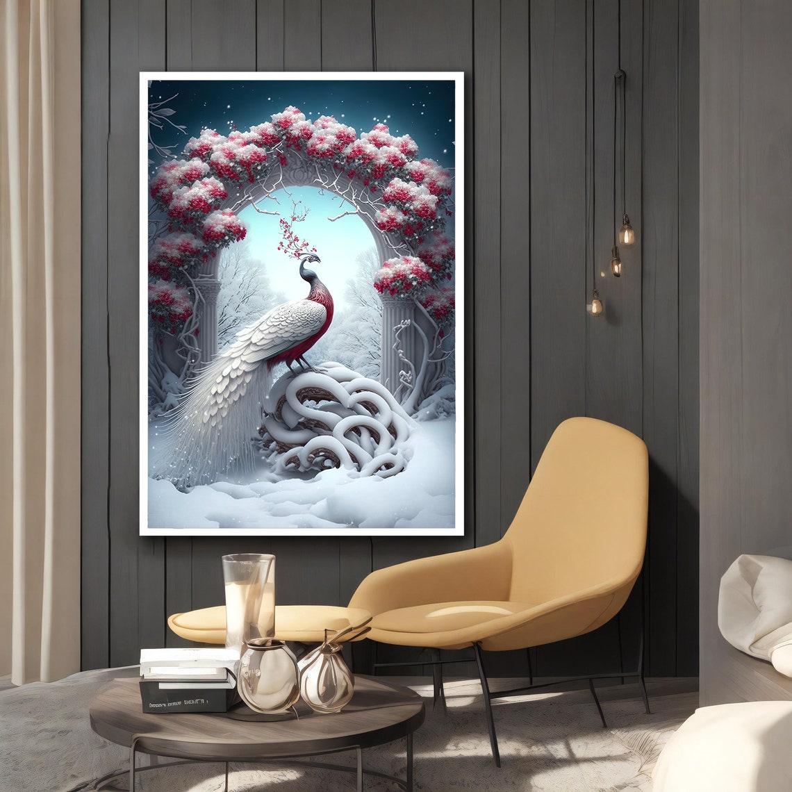 White Peacock In Snow Winter Arch Cherry Blossom Magic Poster - Image 2