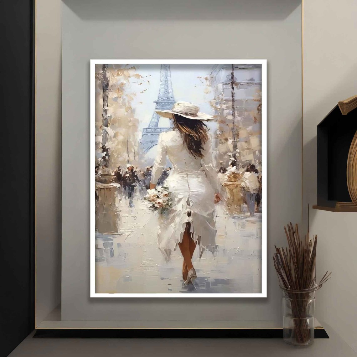 Woman White Dress Walking Paris Street Eiffel Tower View Painting Poster - Image 4