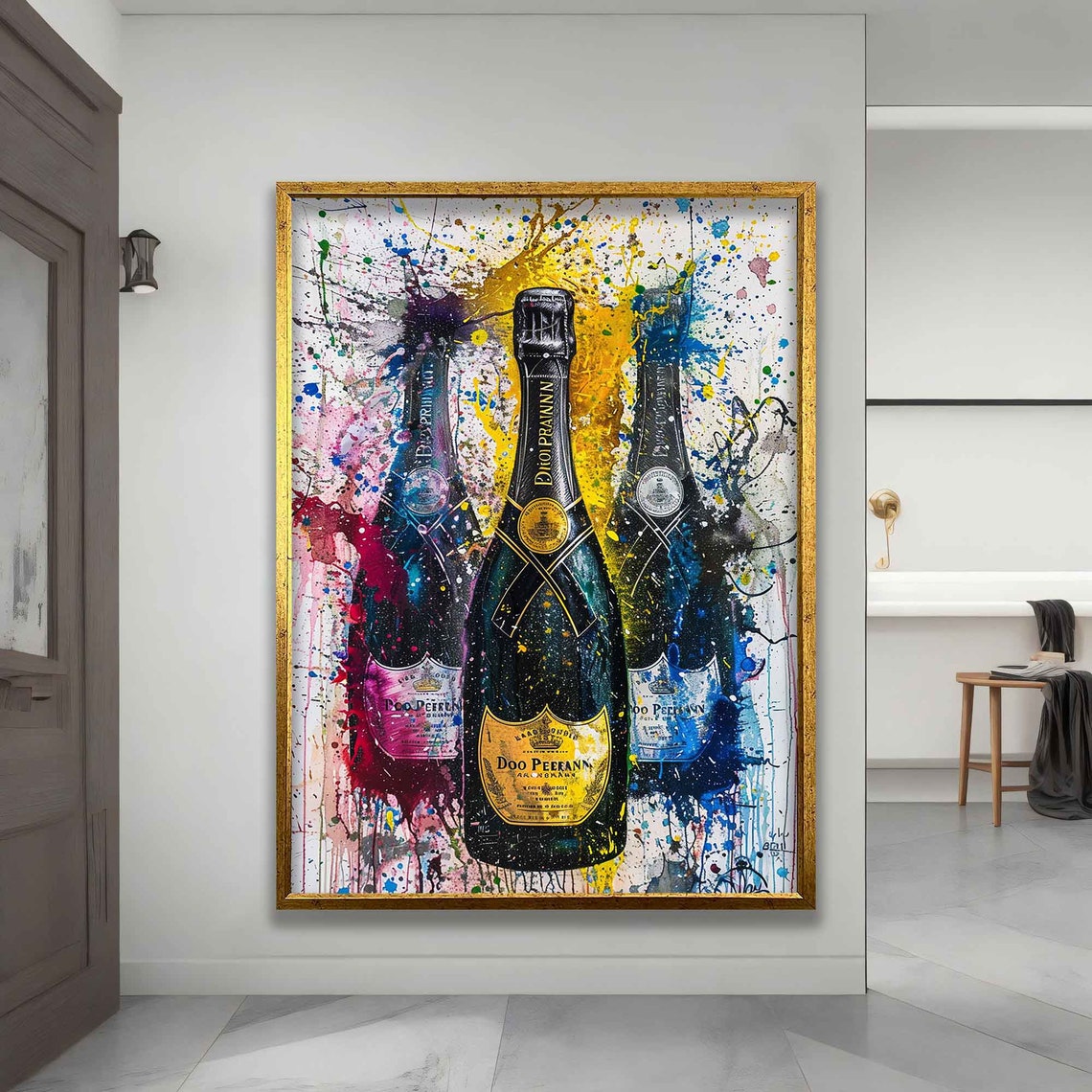Champagne Bottles Trio Vivid Paint Splatter Modern Party Decor Poster - Image 5