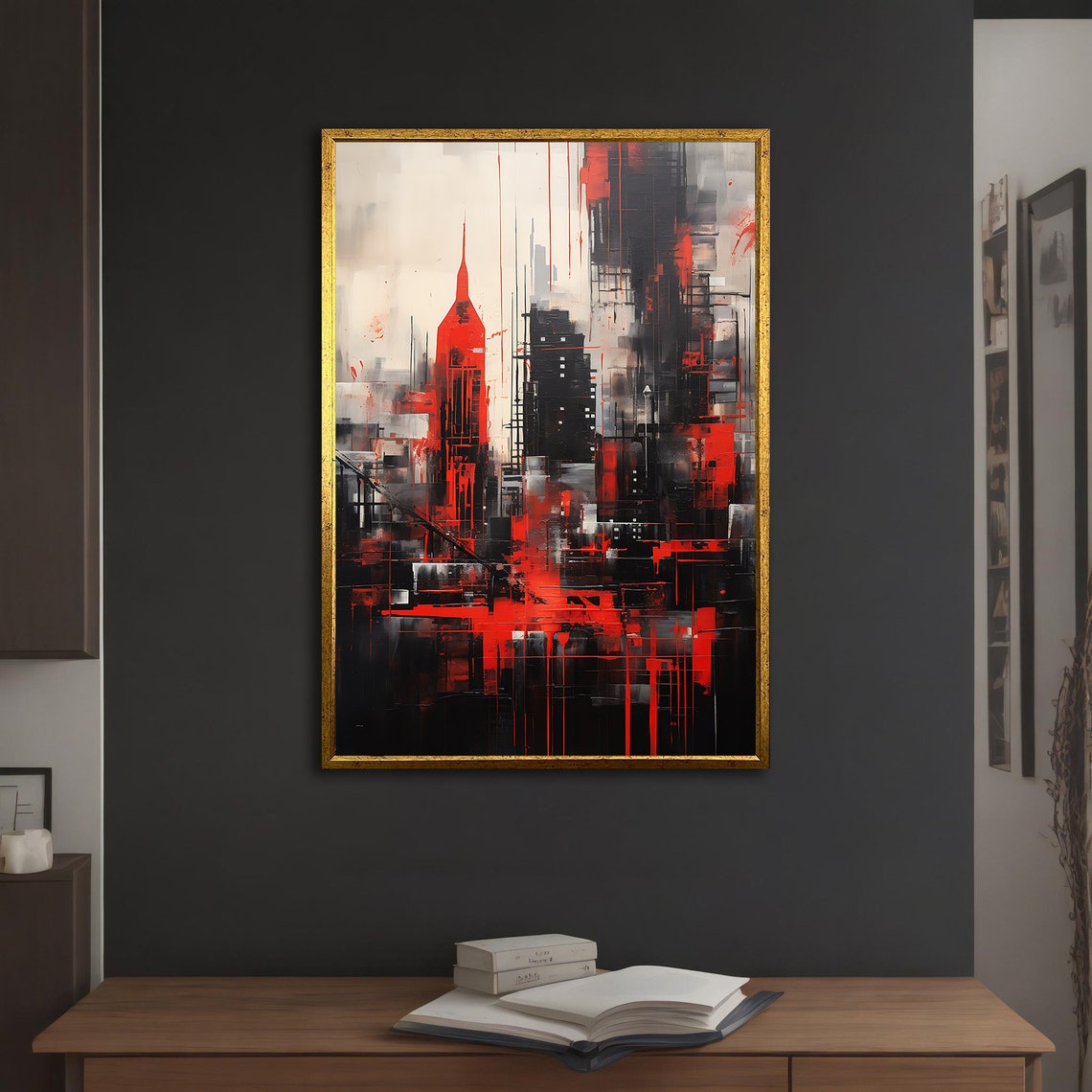Abstract Red Black White City Skyline Bold Brushstroke Art Poster - Image 5
