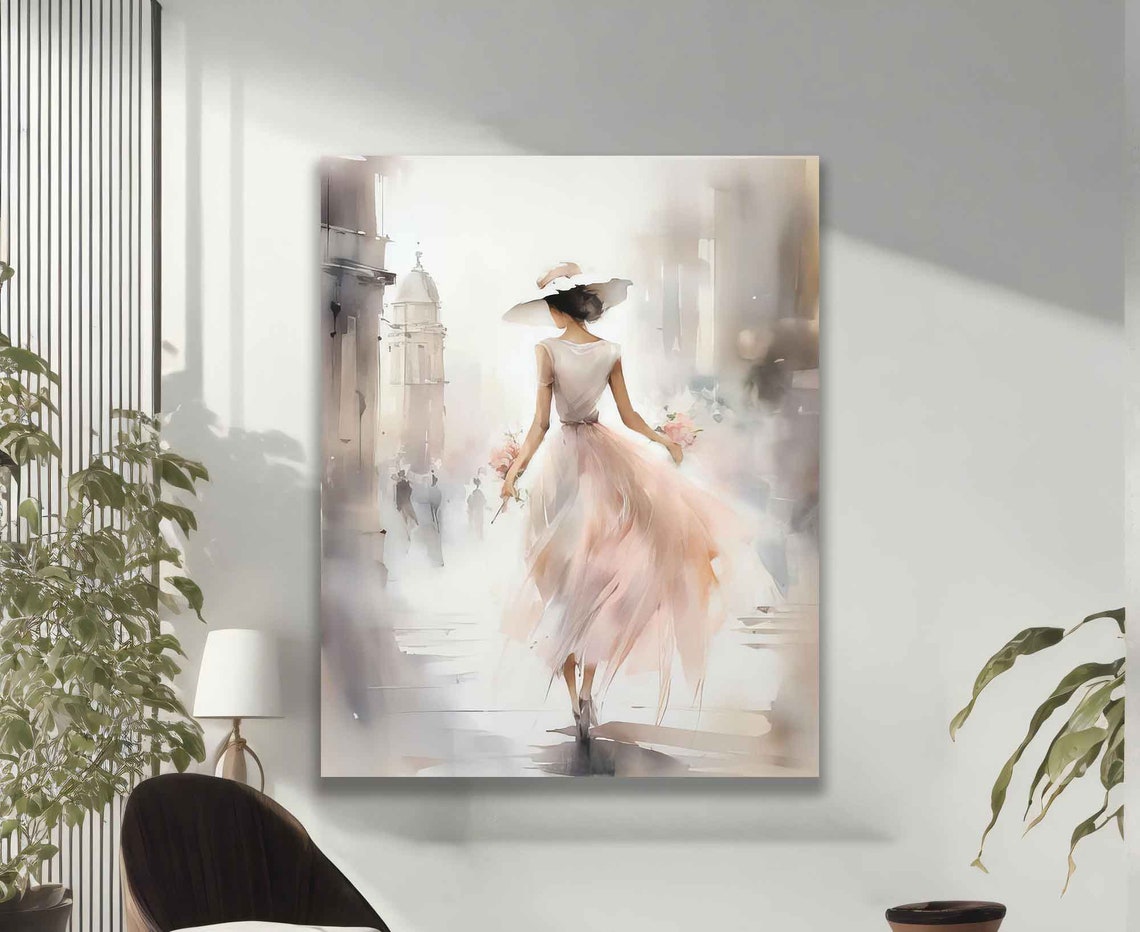 Beautiful Woman In White Dress On Woman Turning Back Art Woman In White Dress Painting - Image 2