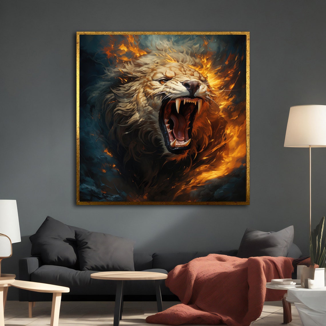 Roaring Lion Head In Flames Fiery Mane Dark Smoke Animal Art Poster - Image 3