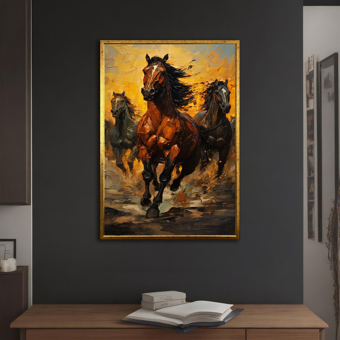 Three Horses Galloping Golden Fiery Sky Dramatic Oil Art Poster - Image 4