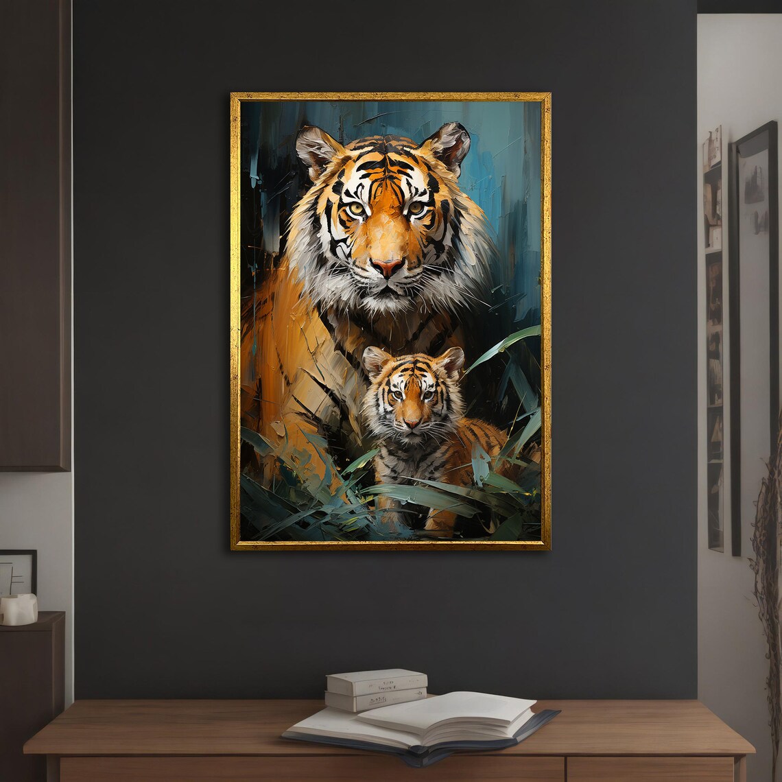 Tiger And Cub Jungle Teal Portrait Big Cat Wildlife Painting Wall Art Poster - Image 3