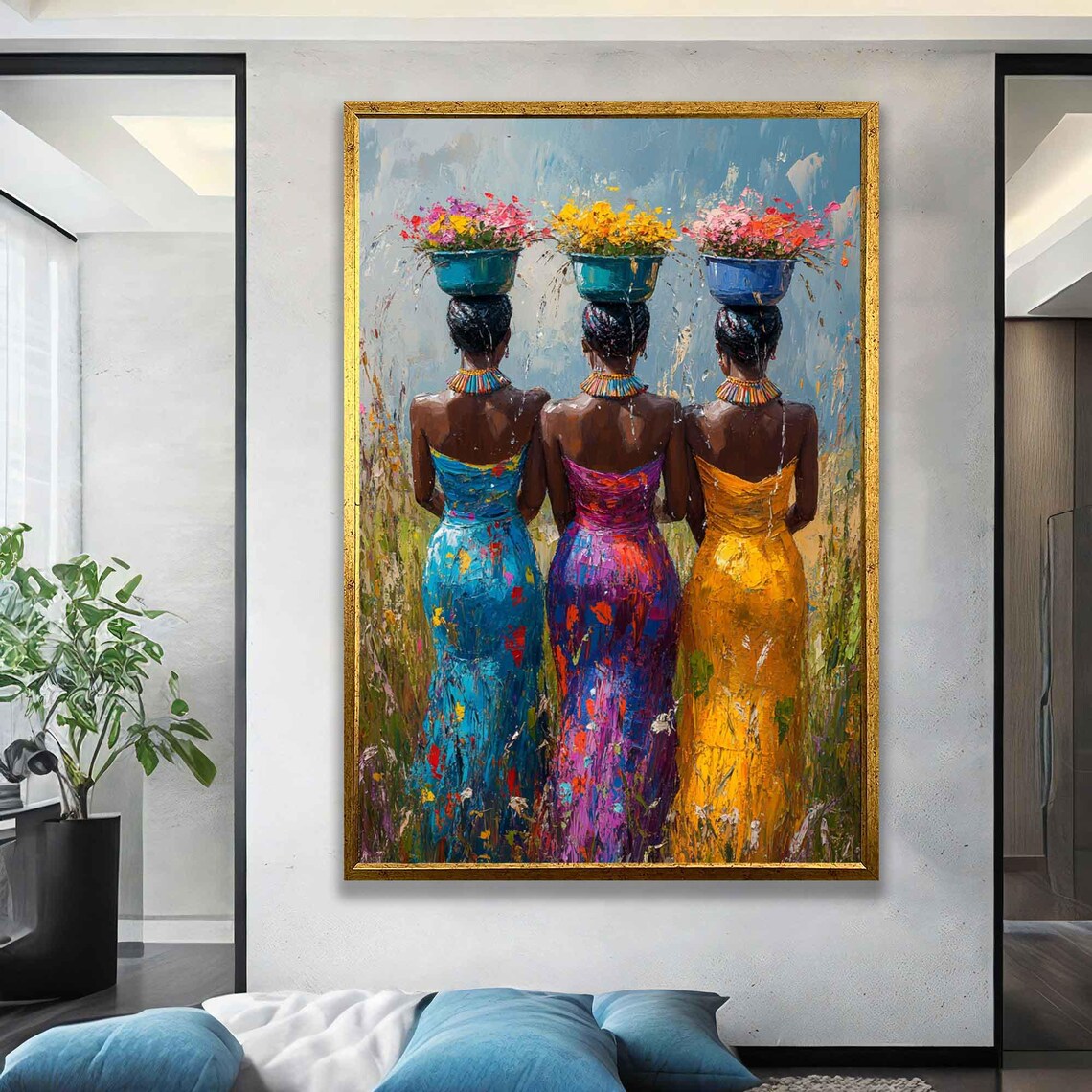 African Women Basket Wall Art Set Vibrant Tribal Artwork Multicolor Modern Home Decor Afrocentric Wall Panels Ethnic Art - Image 4