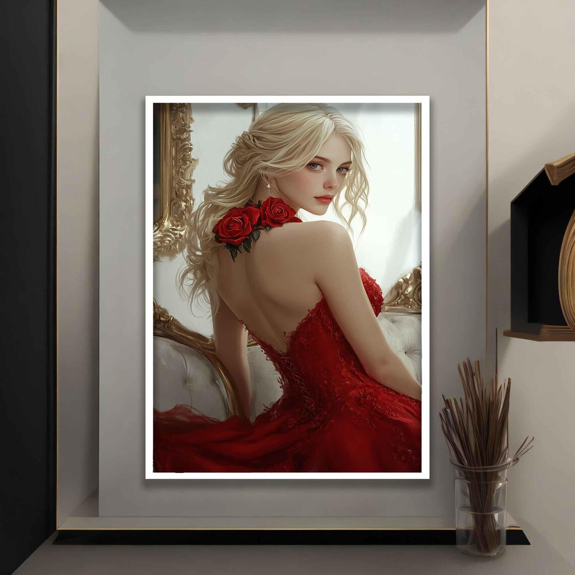 Elegant Blonde Woman Red Roses Gown Mirror Glamour Portrait Art Poster