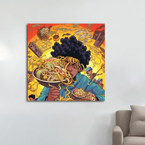 Woman With Big Afro Eating Noodle Bowl Psychedelic Orange Art Poster