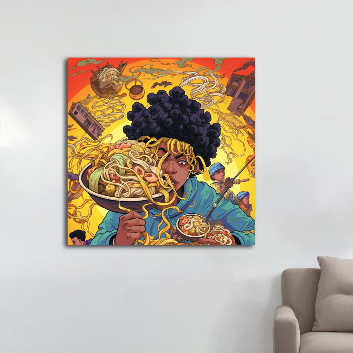 Woman With Big Afro Eating Noodle Bowl Psychedelic Orange Art Poster