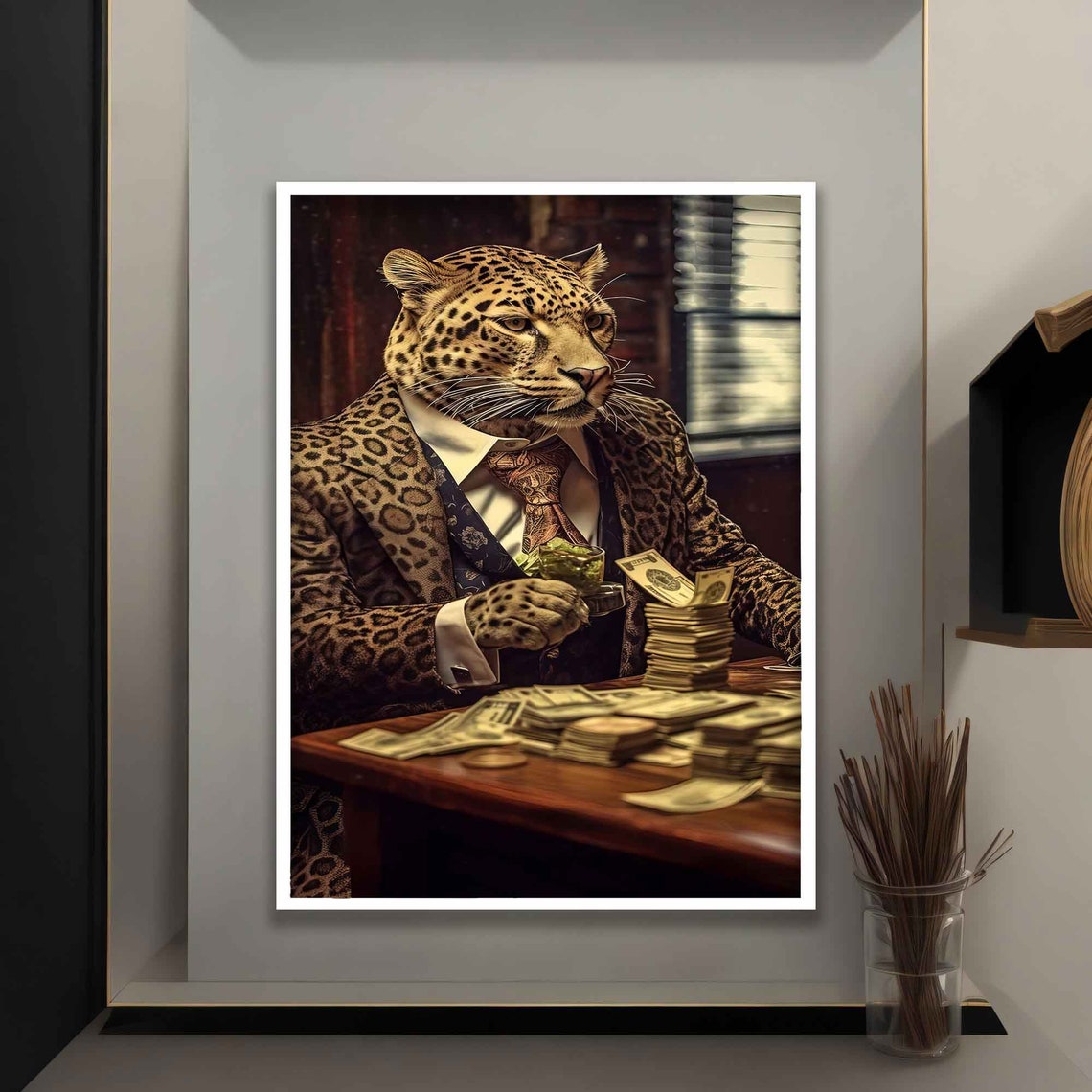 Dapper Leopard in Suit with Cash Money Stacks Funny Wall Poster - Image 4