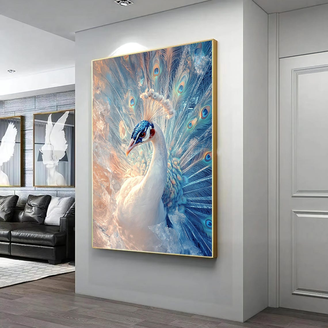 White Peacock Full Plumage Painting Blue Gold Elegant Bird Wall Poster