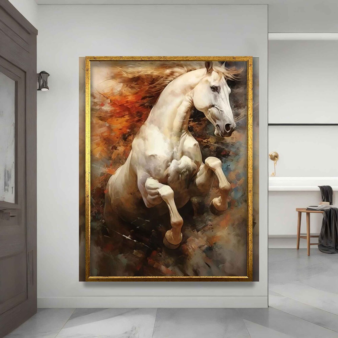 Prancing White Horse Fiery Orange Brown Splash Painting Poster - Image 3