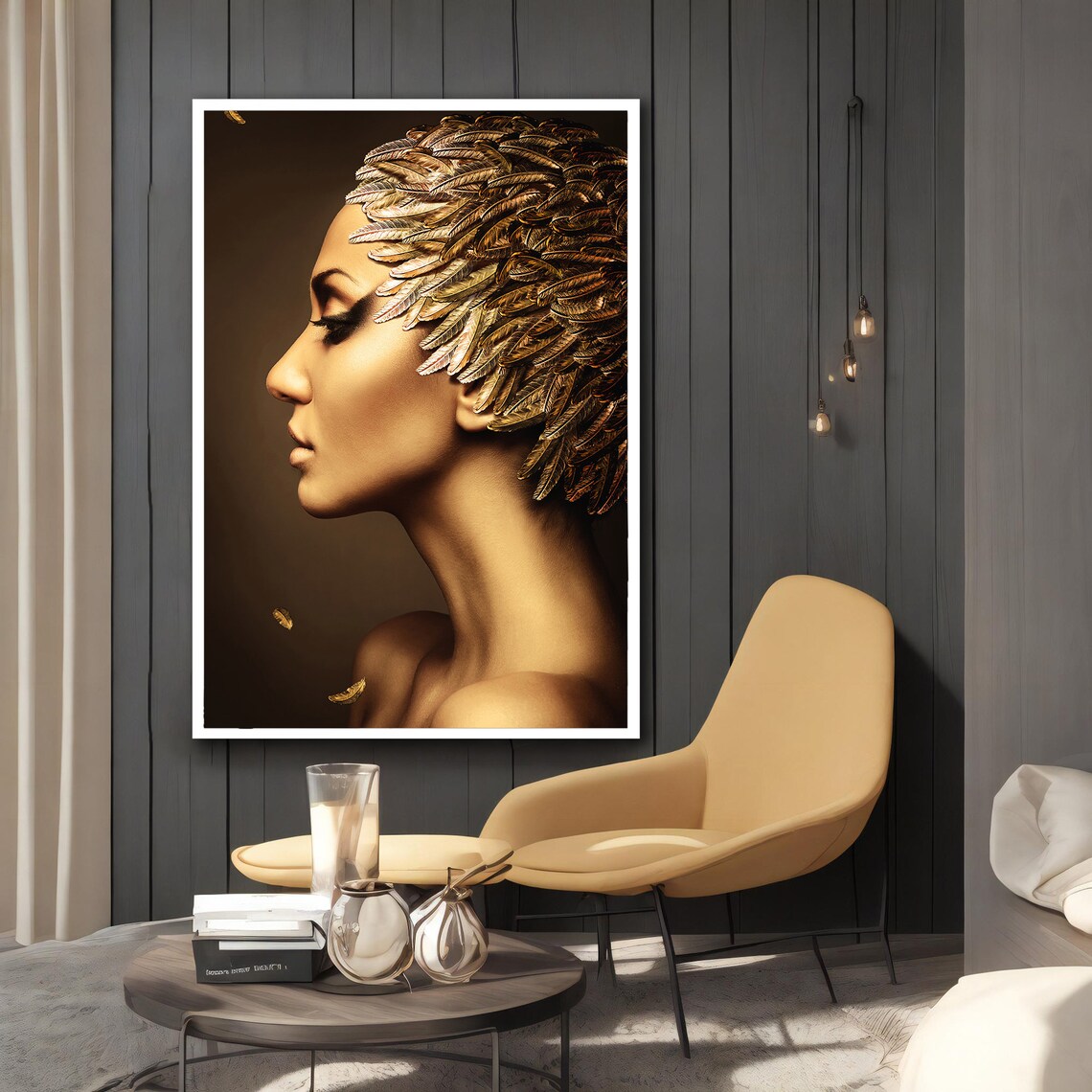 Golden Feather Woman Profile Portrait Luxurious Brown Black Wall Art Print - Image 4