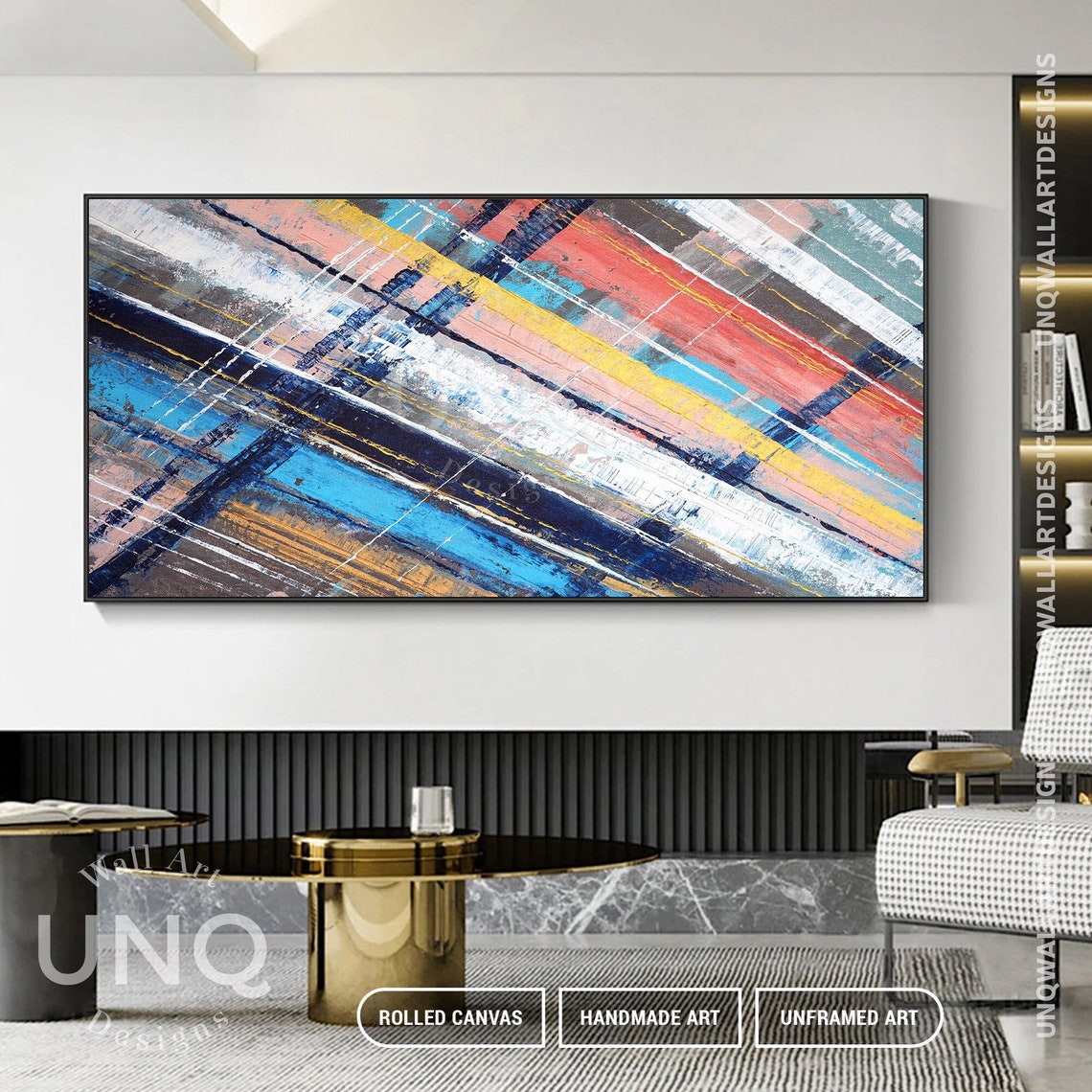 Multicolor Diagonal Stripes Blue Yellow Red Modern Abstract Art Poster - Image 7