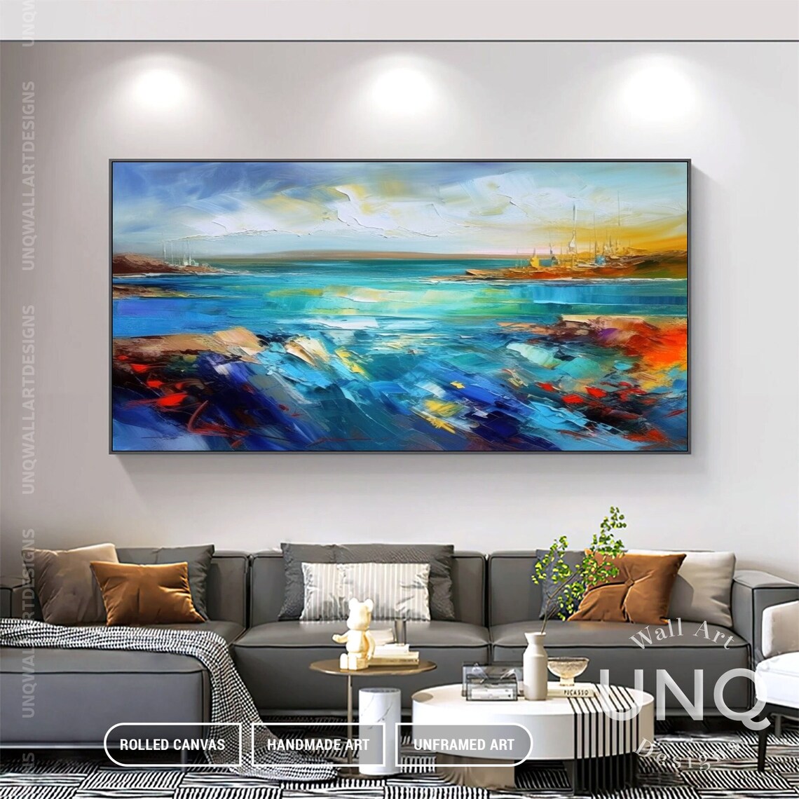 Turquoise Sea And Golden Sky Colorful Modern Coastal Painting Poster - Image 7