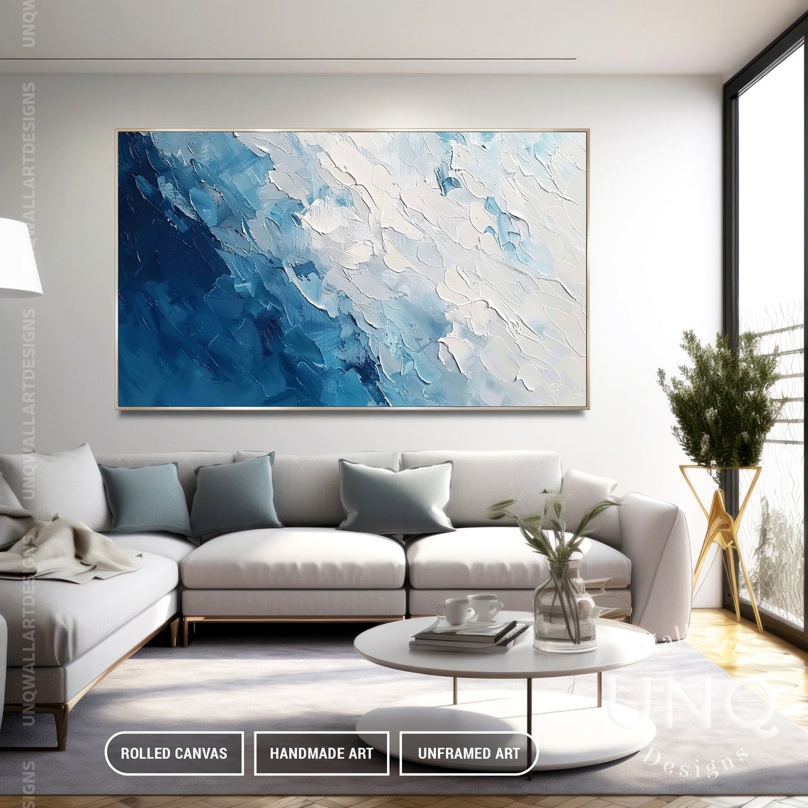 Navy To White Diagonal Waves Heavy Impasto Modern Abstract Poster - Image 3