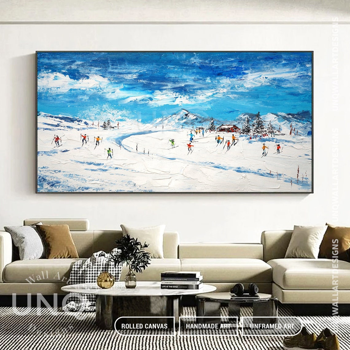 Original Ski Sport Acrylic Painting On Modern Oil Texture Wall Art Skier On Snowy Mountain Art Personalized Gift Home Deco - Image 2