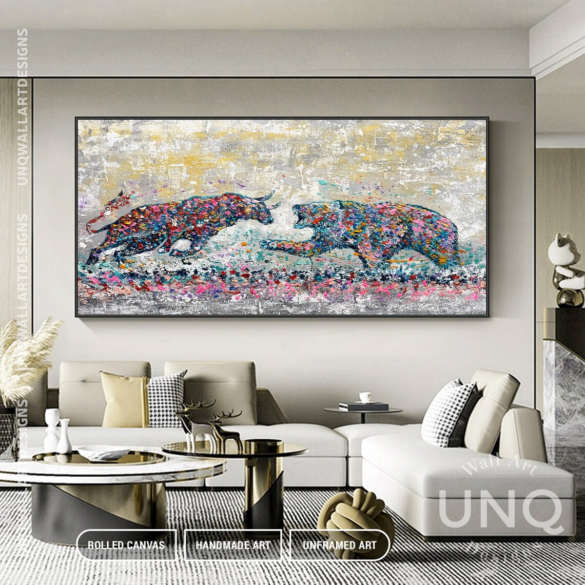 Colorful Bull Vs Bear Abstract Painting Stock Market Finance Decor Poster - Image 2