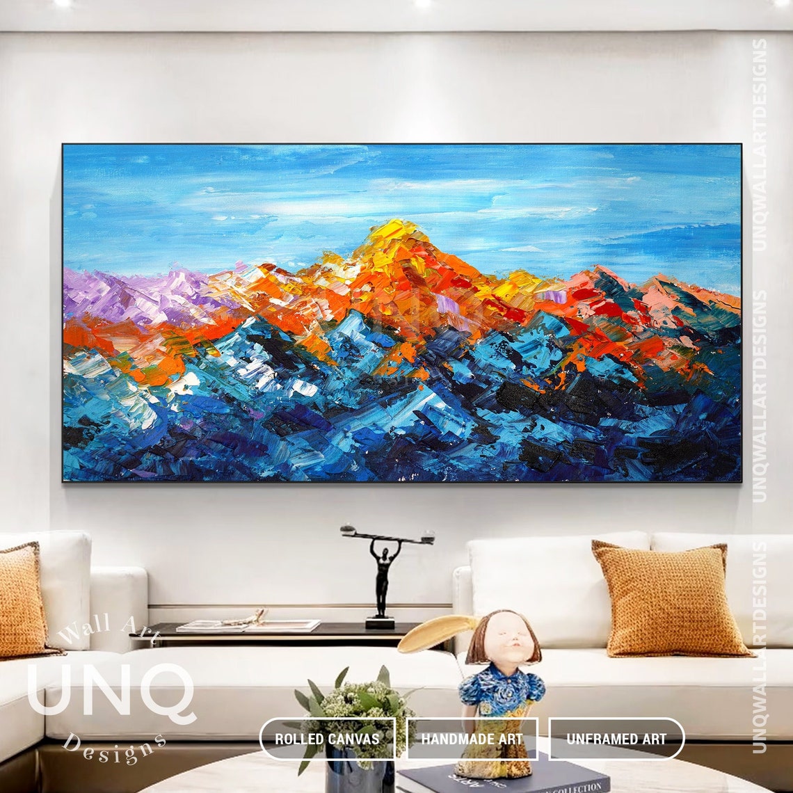 Large Original Abstract Colorful Mountain Oil Painting On Textured Mountain Landscape Artwork Original Gold Blue Mountain Art - Image 2