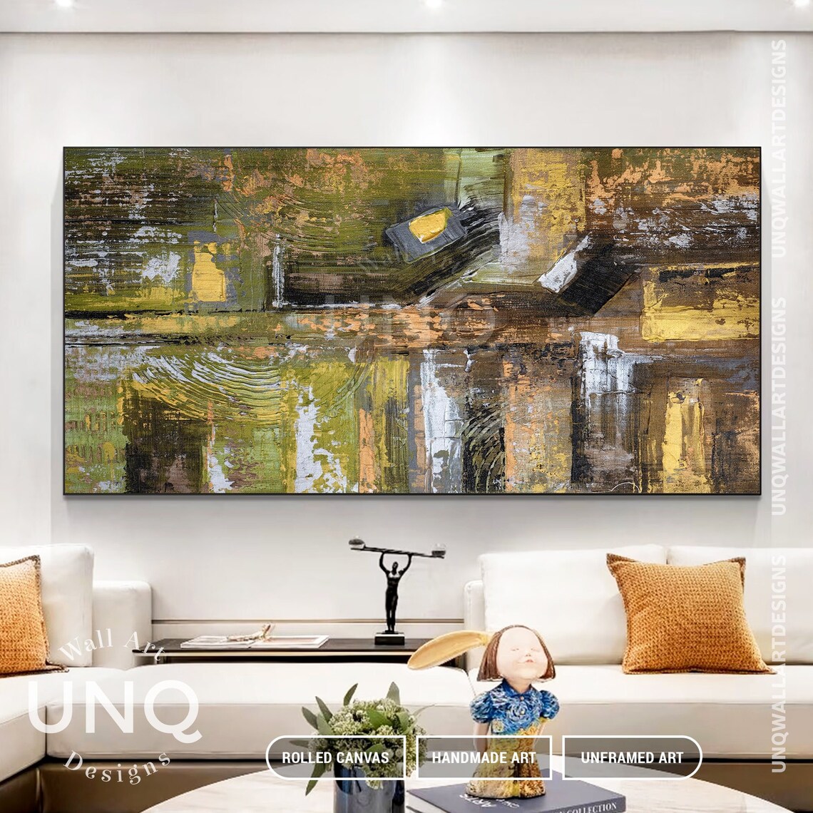 Unique Green And Gold Artwork Luxury Line Texture On Original Abstract Boxes Wall Art Modern Geometric Art Sofa Wall Decor - Image 2
