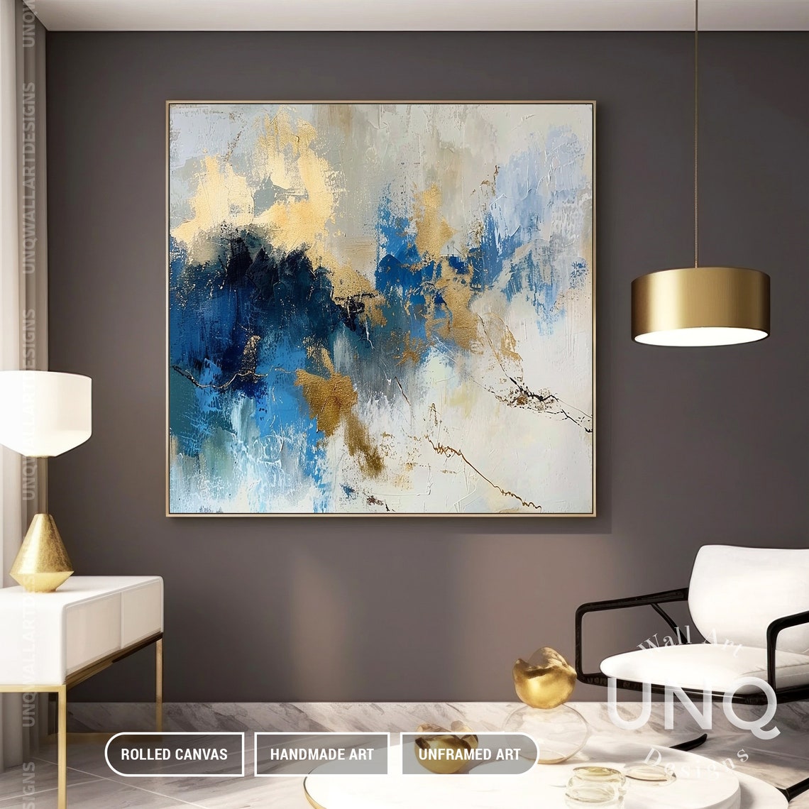 Navy Blue Gold And Cream Waves Modern Luxury Abstract Art Poster - Image 4