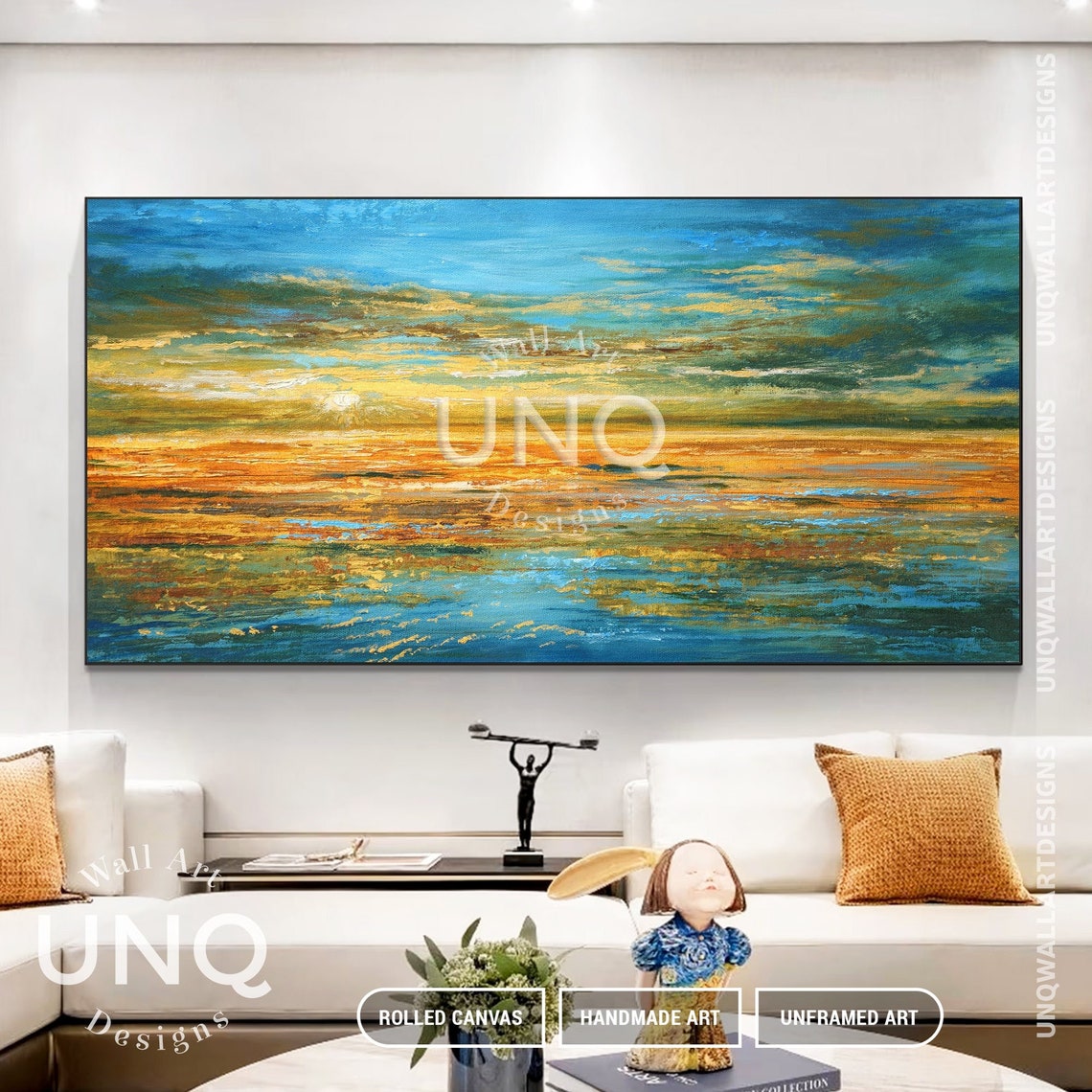 Golden Sunset Over Ocean Panoramic Impasto Seascape Painting Poster - Image 6