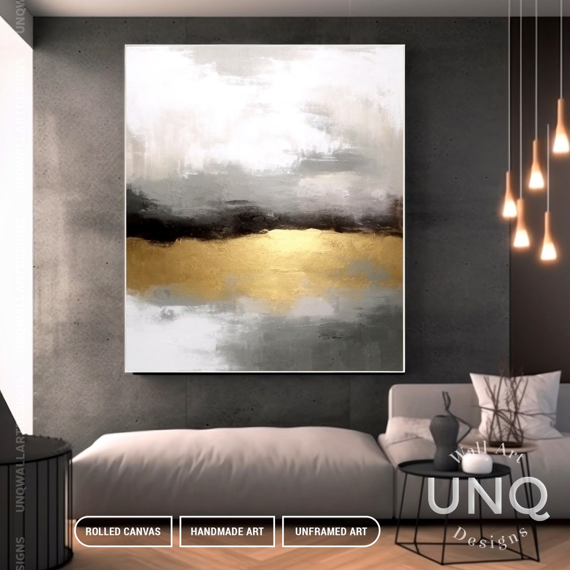 Grey And Gold Abstract Painting Misty Horizon Band Minimalist Poster - Image 3